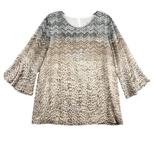 Calvin Klein Animal Print Bell Sleeve Womens Size Large Brown White Tunic Top